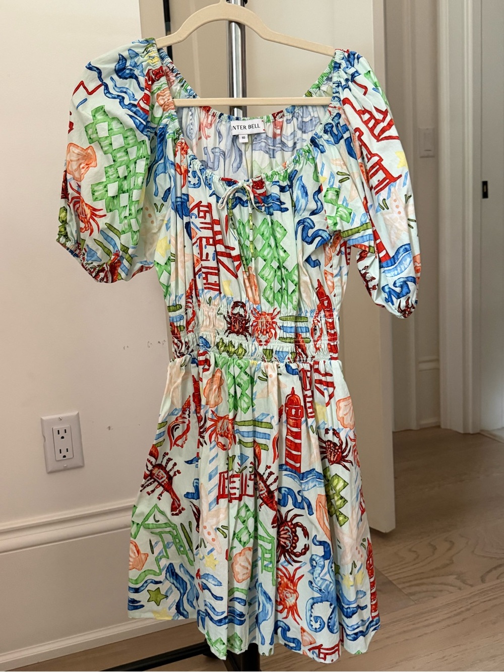 HUNTER BELL Multicolor Nautical Puff-Sleeve Cotton Dress